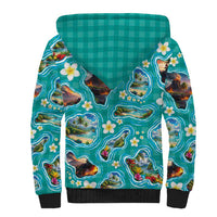 Hawaii Map with Plumeria Flower and Palaka Pattern Sherpa Hoodie Tropical Island Teal Design LT03 - Polynesian Pride