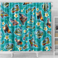 Hawaii Map with Plumeria Flower and Palaka Pattern Shower Curtain Tropical Island Teal Design LT03 - Polynesian Pride