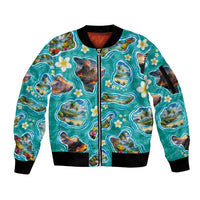 Hawaii Map with Plumeria Flower and Palaka Pattern Sleeve Zip Bomber Jacket Tropical Island Teal Design LT03 Unisex Teal - Polynesian Pride