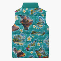 Hawaii Map with Plumeria Flower and Palaka Pattern Sleeveless Puffer Jacket Tropical Island Teal Design LT03 - Polynesian Pride
