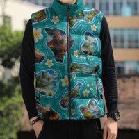 Hawaii Map with Plumeria Flower and Palaka Pattern Sleeveless Puffer Jacket Tropical Island Teal Design LT03 - Polynesian Pride