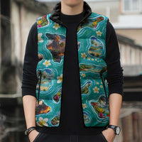 Hawaii Map with Plumeria Flower and Palaka Pattern Sleeveless Puffer Jacket Tropical Island Teal Design LT03 - Polynesian Pride