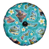 Hawaii Map with Plumeria Flower and Palaka Pattern Spare Tire Cover Tropical Island Teal Design LT03 - Polynesian Pride