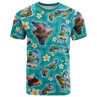 Hawaii Map with Plumeria Flower and Palaka Pattern T Shirt Tropical Island Teal Design LT03 Teal - Polynesian Pride
