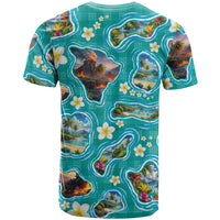 Hawaii Map with Plumeria Flower and Palaka Pattern T Shirt Tropical Island Teal Design LT03 - Polynesian Pride