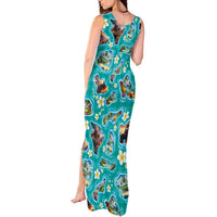 Hawaii Map with Plumeria Flower and Palaka Pattern Tank Maxi Dress Tropical Island Teal Design LT03 - Polynesian Pride