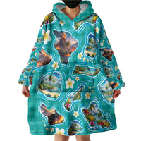 Hawaii Map with Plumeria Flower and Palaka Pattern Wearable Blanket Hoodie Tropical Island Teal Design LT03 - Polynesian Pride