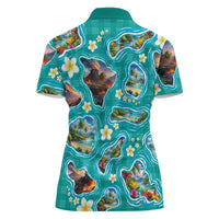 Hawaii Map with Plumeria Flower and Palaka Pattern Women Polo Shirt Tropical Island Teal Design LT03 - Polynesian Pride