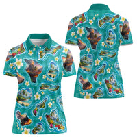 Hawaii Map with Plumeria Flower and Palaka Pattern Women Polo Shirt Tropical Island Teal Design LT03 - Polynesian Pride
