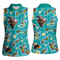 Hawaii Map with Plumeria Flower and Palaka Pattern Women Sleeveless Polo Shirt Tropical Island Teal Design LT03 - Polynesian Pride