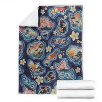 Hawaii Islands Map Design with Japanese Landscape Blanket Hawaiian Japan Fusion Art Navy Color