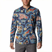 Hawaii Islands Map Design with Japanese Landscape Button Sweatshirt Hawaiian Japan Fusion Art Navy Color LT03 - Polynesian Pride