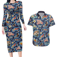 Hawaii Islands Map Design with Japanese Landscape Couples Matching Long Sleeve Bodycon Dress and Hawaiian Shirt Hawaiian Japan Fusion Art Navy Color