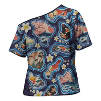 Hawaii Islands Map Design with Japanese Landscape Cross Shoulder Shirt Hawaiian Japan Fusion Art Navy Color