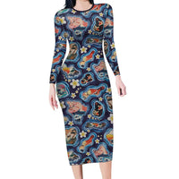 Hawaii Islands Map Design with Japanese Landscape Family Matching Long Sleeve Bodycon Dress and Hawaiian Shirt Hawaiian Japan Fusion Art Navy Color