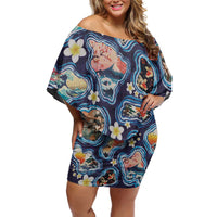 Hawaii Islands Map Design with Japanese Landscape Family Matching Off Shoulder Short Dress and Hawaiian Shirt Hawaiian Japan Fusion Art Navy Color