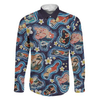 Hawaii Islands Map Design with Japanese Landscape Family Matching Puletasi and Hawaiian Shirt Hawaiian Japan Fusion Art Navy Color