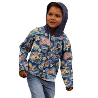 Hawaii Islands Map Design with Japanese Landscape Kid Hoodie Hawaiian Japan Fusion Art Navy Color