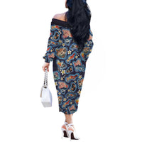 Hawaii Islands Map Design with Japanese Landscape Off The Shoulder Long Sleeve Dress Hawaiian Japan Fusion Art Navy Color
