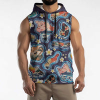 Hawaii Islands Map Design with Japanese Landscape Sleeveless Hoodie Hawaiian Japan Fusion Art Navy Color