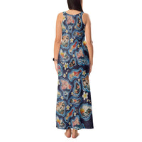Hawaii Islands Map Design with Japanese Landscape Tank Maxi Dress Hawaiian Japan Fusion Art Navy Color