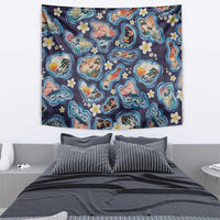 Hawaii Islands Map Design with Japanese Landscape Tapestry Hawaiian Japan Fusion Art Navy Color