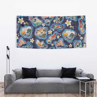 Hawaii Islands Map Design with Japanese Landscape Tapestry Hawaiian Japan Fusion Art Navy Color