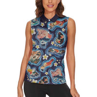 Hawaii Islands Map Design with Japanese Landscape Women Sleeveless Polo Shirt Hawaiian Japan Fusion Art Navy Color