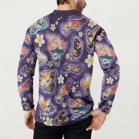 Hawaii Islands Map Design with Japanese Landscape Button Sweatshirt Hawaiian Japan Fusion Art Purple Color LT03 - Polynesian Pride