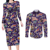 Hawaii Islands Map Design with Japanese Landscape Couples Matching Long Sleeve Bodycon Dress and Long Sleeve Button Shirt Hawaiian Japan Fusion Art Purple Color