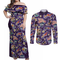 Hawaii Islands Map Design with Japanese Landscape Couples Matching Off Shoulder Maxi Dress and Long Sleeve Button Shirt Hawaiian Japan Fusion Art Purple Color