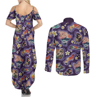 Hawaii Islands Map Design with Japanese Landscape Couples Matching Summer Maxi Dress and Long Sleeve Button Shirt Hawaiian Japan Fusion Art Purple Color