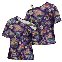 Hawaii Islands Map Design with Japanese Landscape Cross Shoulder Shirt Hawaiian Japan Fusion Art Purple Color