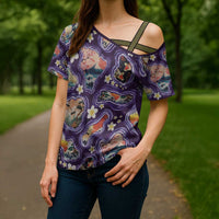 Hawaii Islands Map Design with Japanese Landscape Cross Shoulder Shirt Hawaiian Japan Fusion Art Purple Color