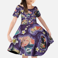 Hawaii Islands Map Design with Japanese Landscape Family Matching Mermaid Dress and Hawaiian Shirt Hawaiian Japan Fusion Art Purple Color LT03 Daughter's Dress Purple - Polynesian Pride