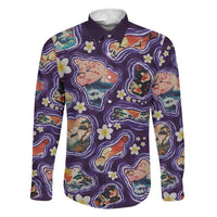 Hawaii Islands Map Design with Japanese Landscape Family Matching Mermaid Dress and Hawaiian Shirt Hawaiian Japan Fusion Art Purple Color LT03 Dad's Shirt - Long Sleeve Purple - Polynesian Pride
