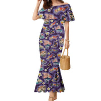 Hawaii Islands Map Design with Japanese Landscape Family Matching Mermaid Dress and Hawaiian Shirt Hawaiian Japan Fusion Art Purple Color LT03 Mom's Dress Purple - Polynesian Pride