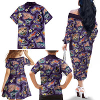 Hawaii Islands Map Design with Japanese Landscape Family Matching Off The Shoulder Long Sleeve Dress and Hawaiian Shirt Hawaiian Japan Fusion Art Purple Color