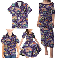 Hawaii Islands Map Design with Japanese Landscape Family Matching Puletasi and Hawaiian Shirt Hawaiian Japan Fusion Art Purple Color