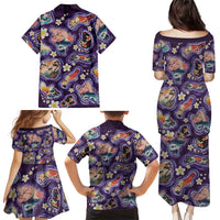 Hawaii Islands Map Design with Japanese Landscape Family Matching Puletasi and Hawaiian Shirt Hawaiian Japan Fusion Art Purple Color