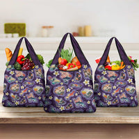 Hawaii Islands Map Design with Japanese Landscape Grocery Bag Hawaiian Japan Fusion Art Purple Color