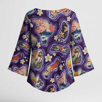 Hawaii Islands Map Design with Japanese Landscape Kimono Sleeve Blouse Hawaiian Japan Fusion Art Purple Color