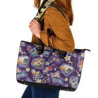 Hawaii Islands Map Design with Japanese Landscape Leather Tote Bag Hawaiian Japan Fusion Art Purple Color