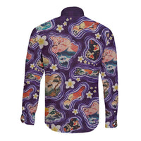 Hawaii Islands Map Design with Japanese Landscape Long Sleeve Button Shirt Hawaiian Japan Fusion Art Purple Color