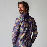 Hawaii Islands Map Design with Japanese Landscape Long Sleeve Polo Shirt Hawaiian Japan Fusion Art Purple Color