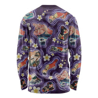 Hawaii Islands Map Design with Japanese Landscape Long Sleeve Shirt Hawaiian Japan Fusion Art Purple Color