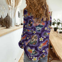 Hawaii Islands Map Design with Japanese Landscape Women Casual Shirt Hawaiian Japan Fusion Art Purple Color