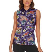 Hawaii Islands Map Design with Japanese Landscape Women Sleeveless Polo Shirt Hawaiian Japan Fusion Art Purple Color