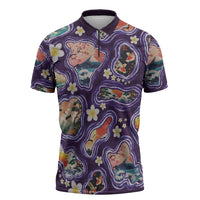Hawaii Islands Map Design with Japanese Landscape Zipper Polo Shirt Hawaiian Japan Fusion Art Purple Color