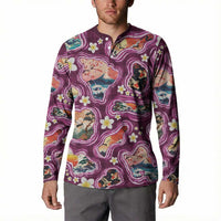 Hawaii Islands Map Design with Japanese Landscape Button Sweatshirt Hawaiian Japan Fusion Art Pink Color